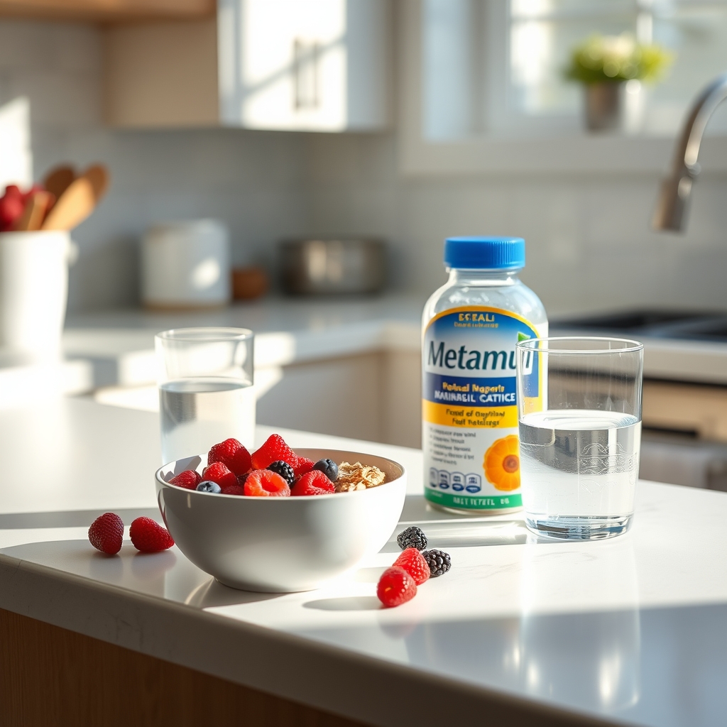 a tidy kitchen countertop with a bowl of oatmeal topped with berries, a glass of water, and a bottle of Metamucil, illustrating a balanced breakfast for constipation relief during pregnancy