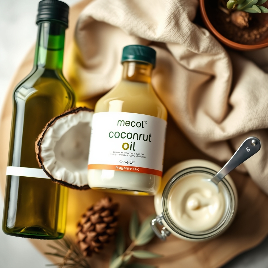 A collection of natural alternatives for lice treatment during pregnancy, including coconut oil, olive oil, and a small bowl of mayonnaise, arranged on a wooden kitchen counter