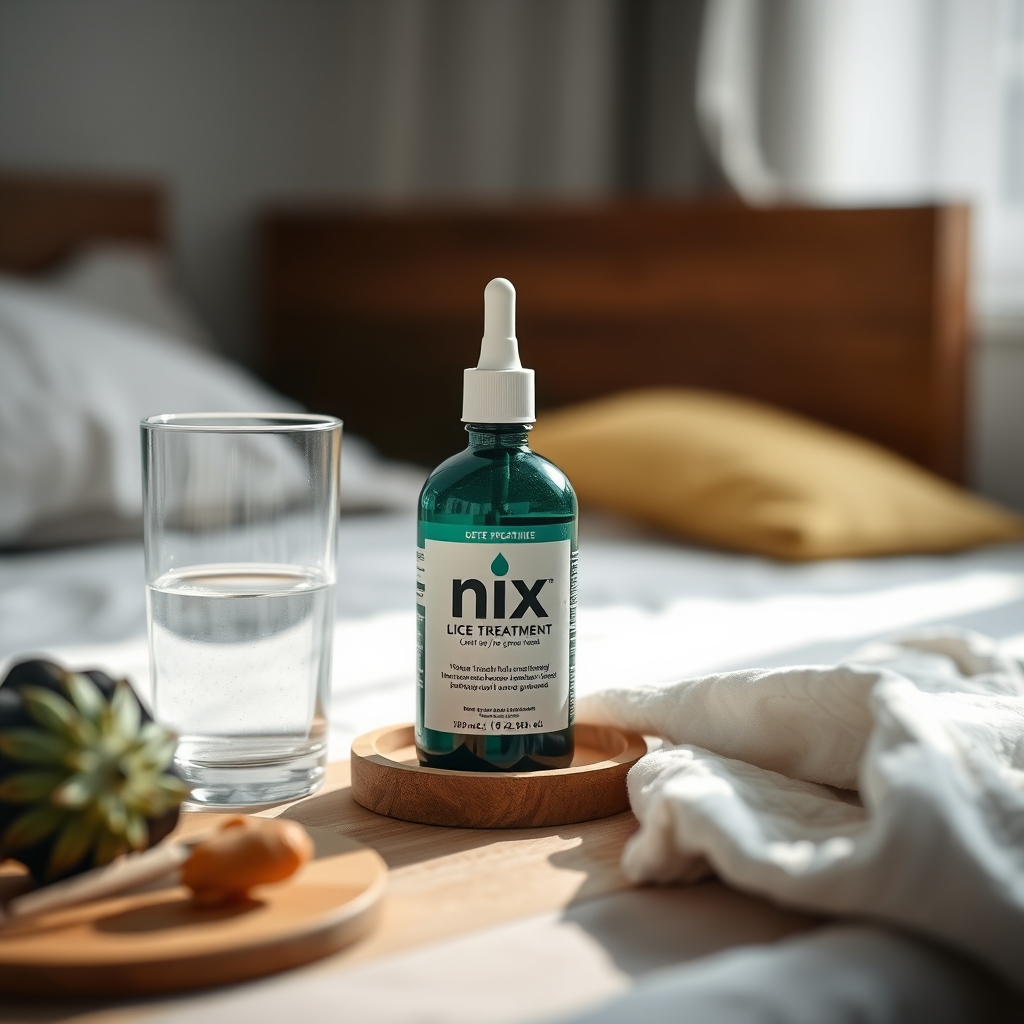 A small bottle of Nix lice treatment next to a glass of water on a nightstand, illustrating safe home use during pregnancy