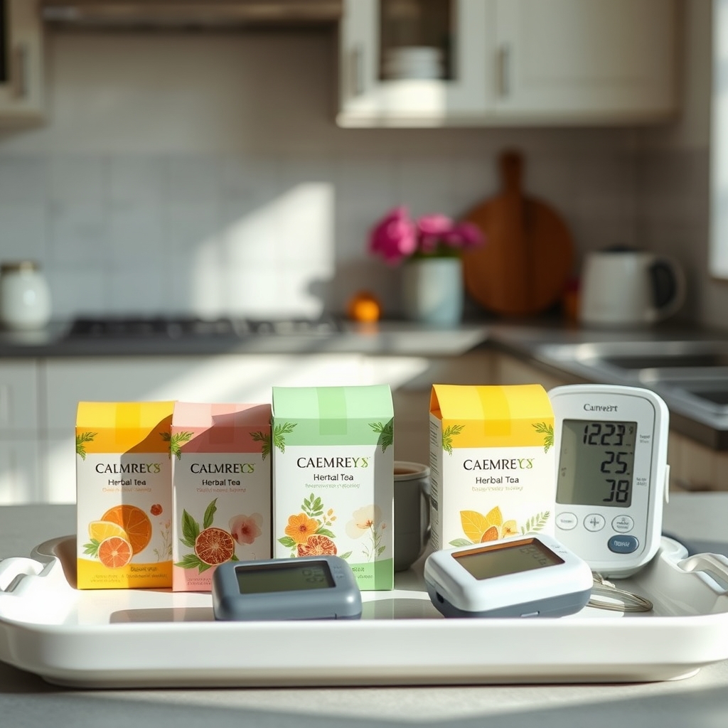 a collection of herbal teas on a pastel tray, including ginger, peppermint, and licorice root tea, with a small digital blood pressure monitor nearby