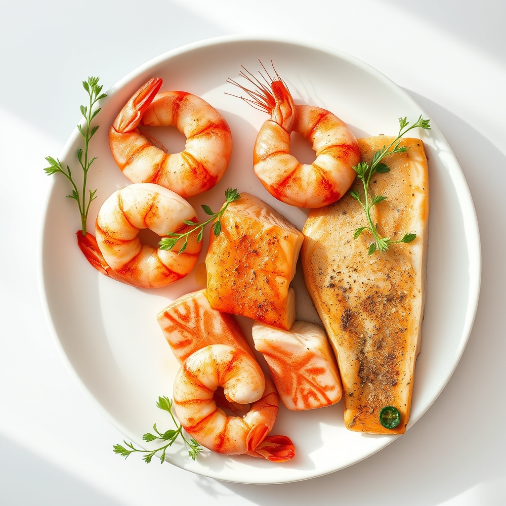 a neatly arranged selection of cooked shrimp, salmon fillet, and tilapia on a platter, bright natural light highlighting the textures