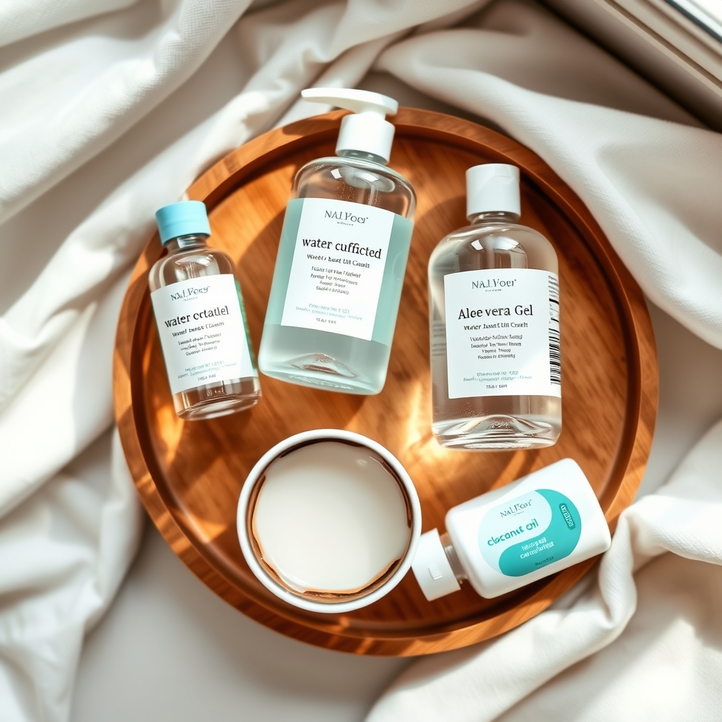 A selection of pregnancy‑safe personal lubricants and natural alternatives like aloe vera gel and coconut oil, arranged on a wooden tray, highlighting safe options for expecting couples