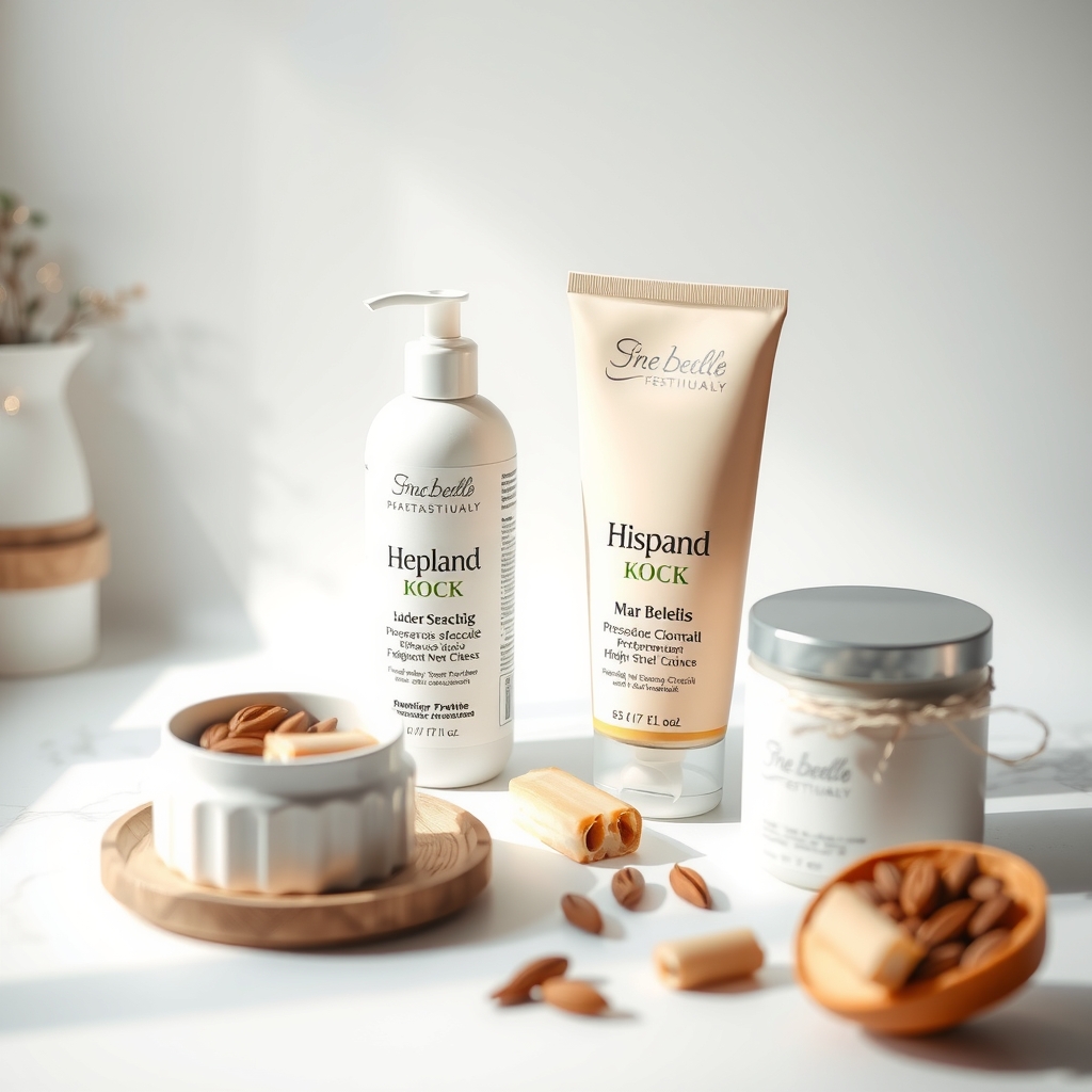 a spread of pregnancy-safe lubricants on a white marble surface, including water-based tubes and coconut oil bottles