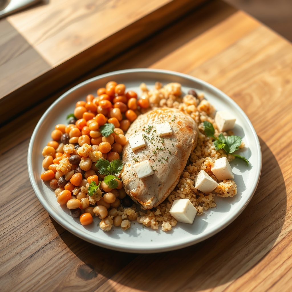 a fresh plate of lysine‑rich foods such as chicken, cheese, beans, and quinoa, colorful and inviting, natural lighting highlighting nutritional variety