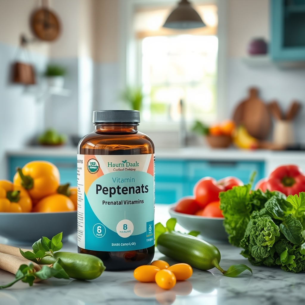 a prenatal multivitamin bottle surrounded by fresh fruits and vegetables, bright kitchen light emphasizing healthy choices for pregnancy