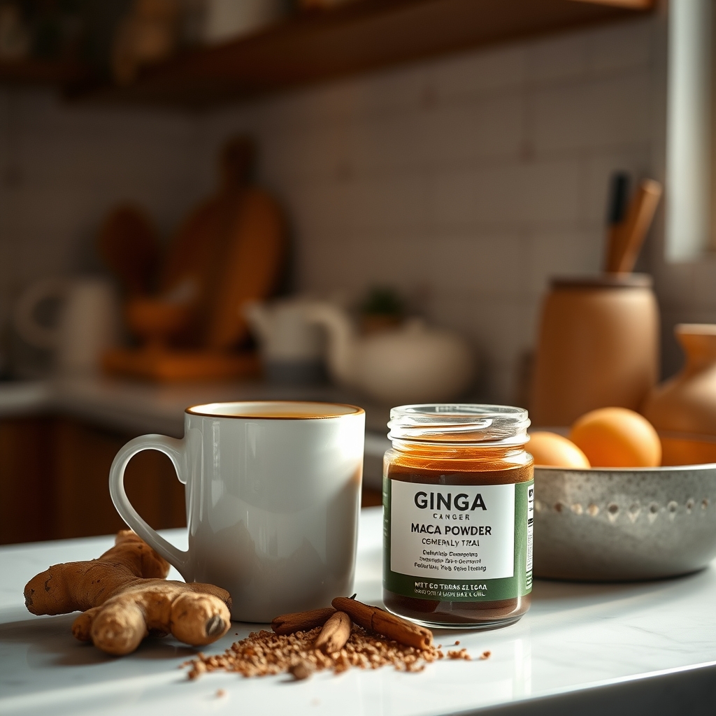 a steaming mug of ginger tea beside a small jar of maca powder on a wooden table, soft daylight highlighting the warm colors