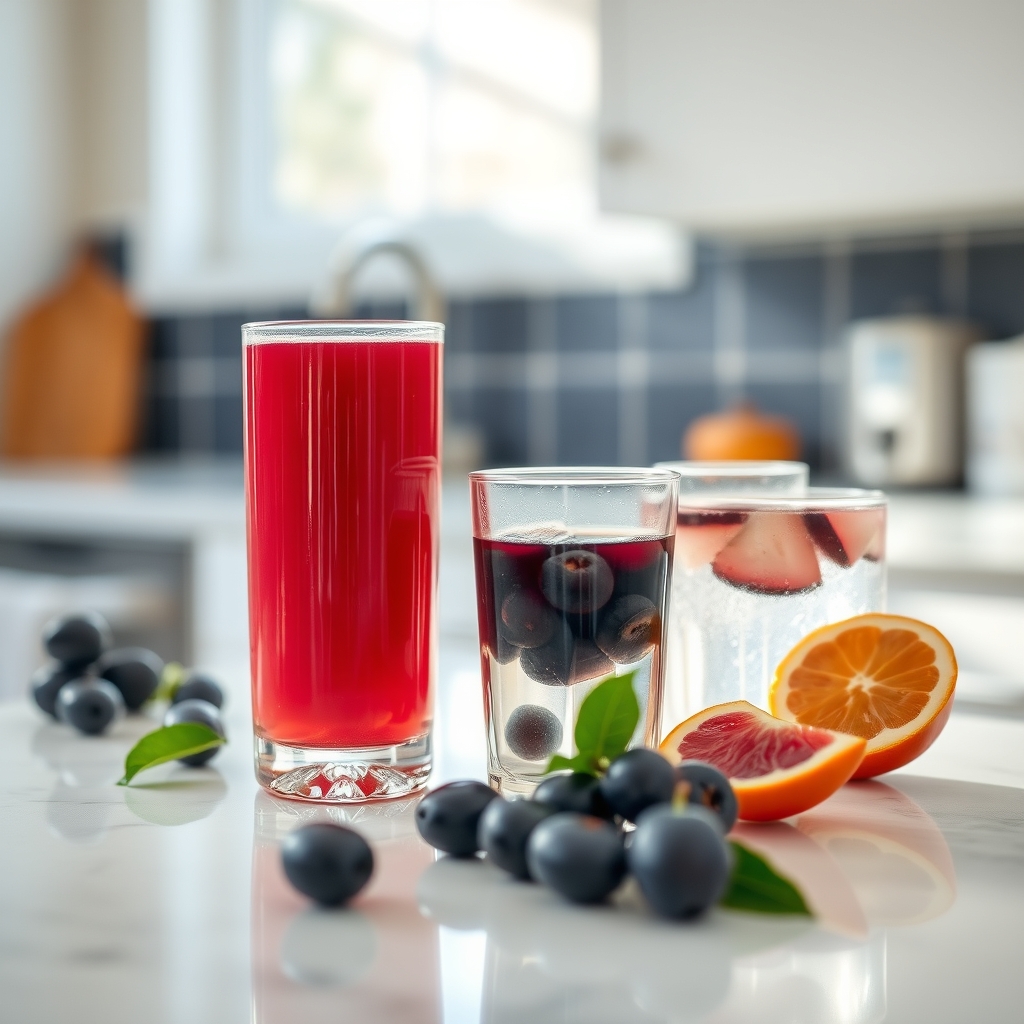 a glass of water and a small bowl of fresh prune juice on a kitchen counter, bright natural light highlighting the healthy drinks for constipation relief