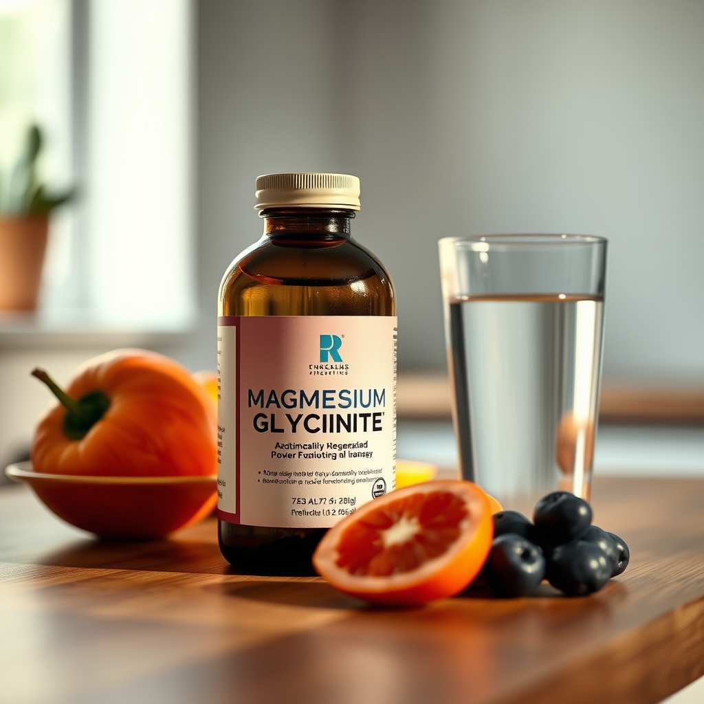 a clear glass bottle of magnesium glycinate supplements on a wooden kitchen counter beside a glass of water and a small bowl of fresh fruit, illustrating a calm prenatal supplement routine