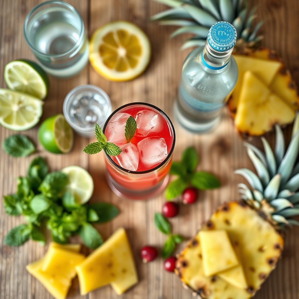 spread of colorful mocktail ingredients on a wooden table, including lime wedges, mint leaves, and sparkling water