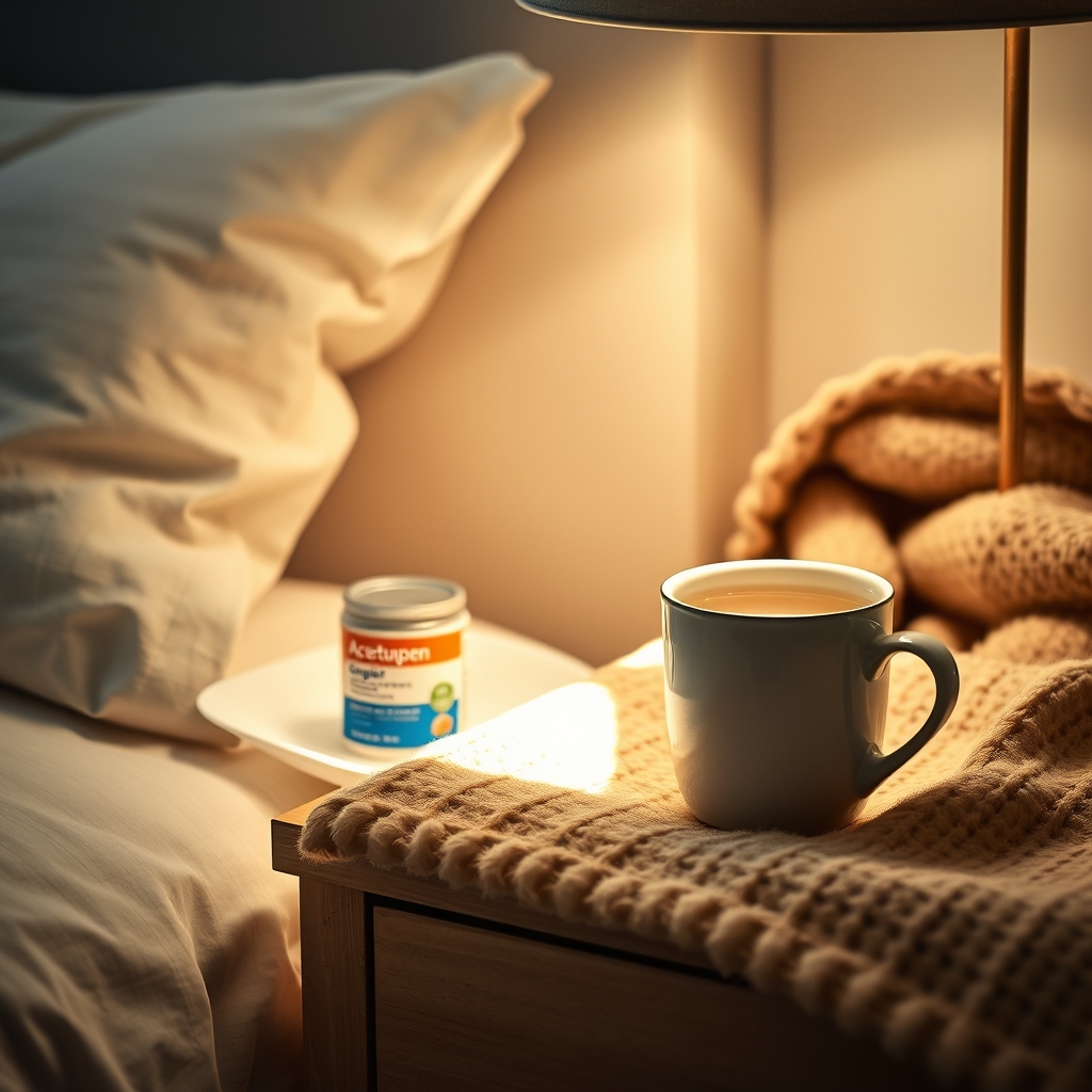 a cozy bedroom nightstand featuring a bottle of acetaminophen, a warm cup of ginger tea, and a soft blanket, illustrating gentle, pregnancy‑safe comfort items