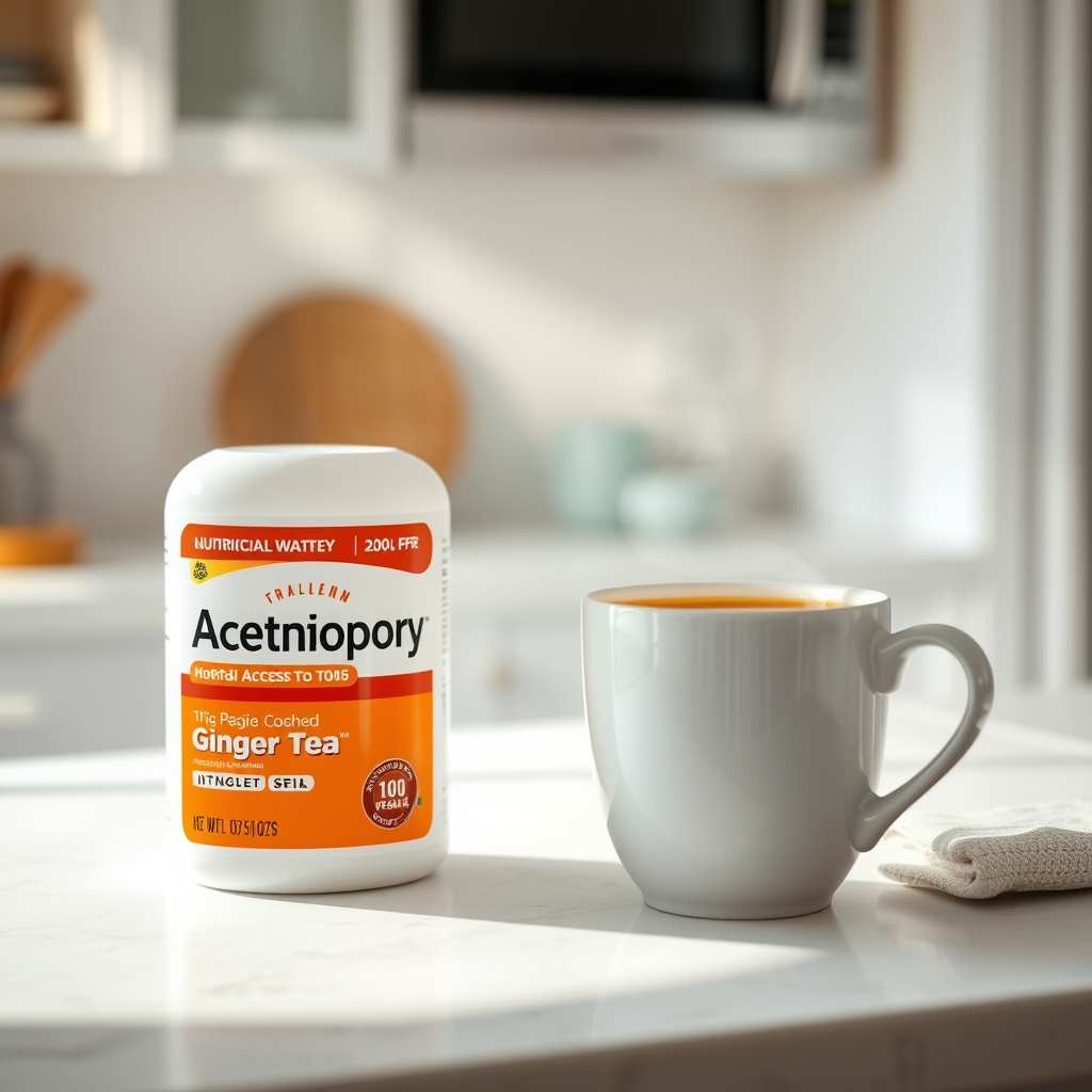 a close‑up of a labeled acetaminophen bottle beside a cup of ginger tea, soft daylight, illustrating safer alternatives for pregnancy pain relief