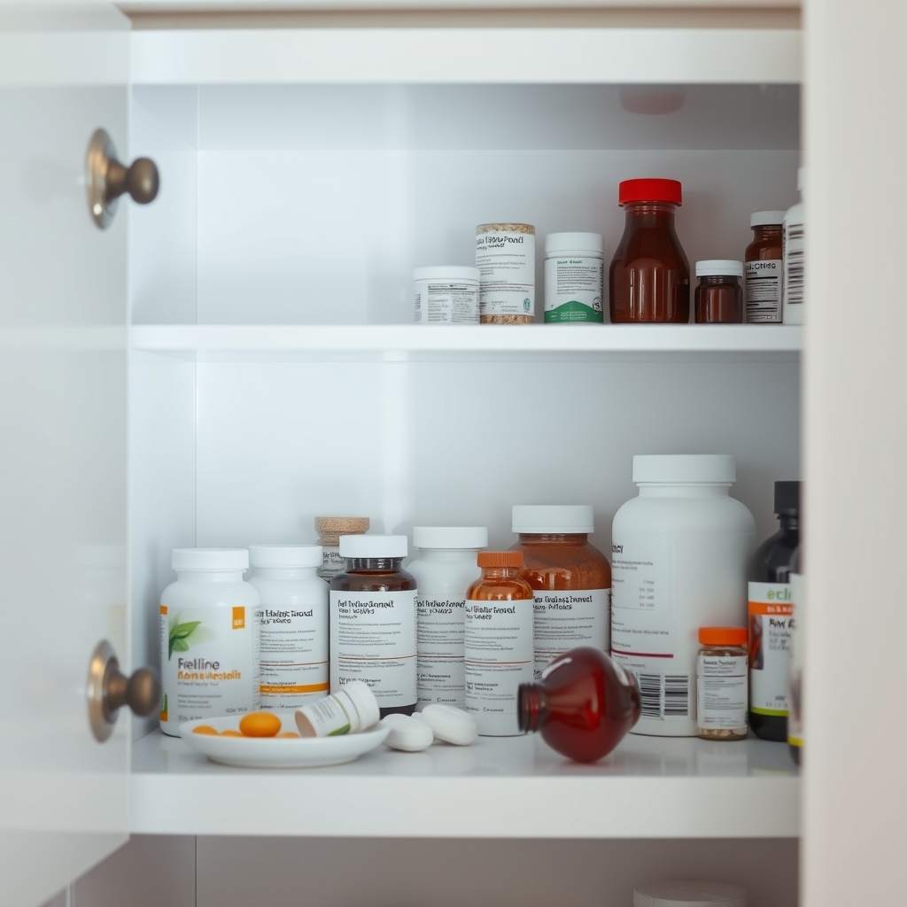 a tidy medicine cabinet with labeled jars of labetalol, methyldopa, and a bottle of metoprolol, soft daylight illuminating the shelves