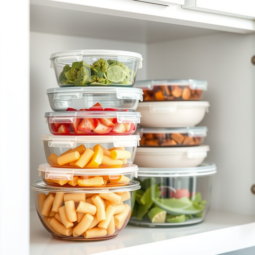 A collection of glass and ceramic food storage containers stacked neatly in a kitchen cabinet, emphasizing safe alternatives for microwaving.