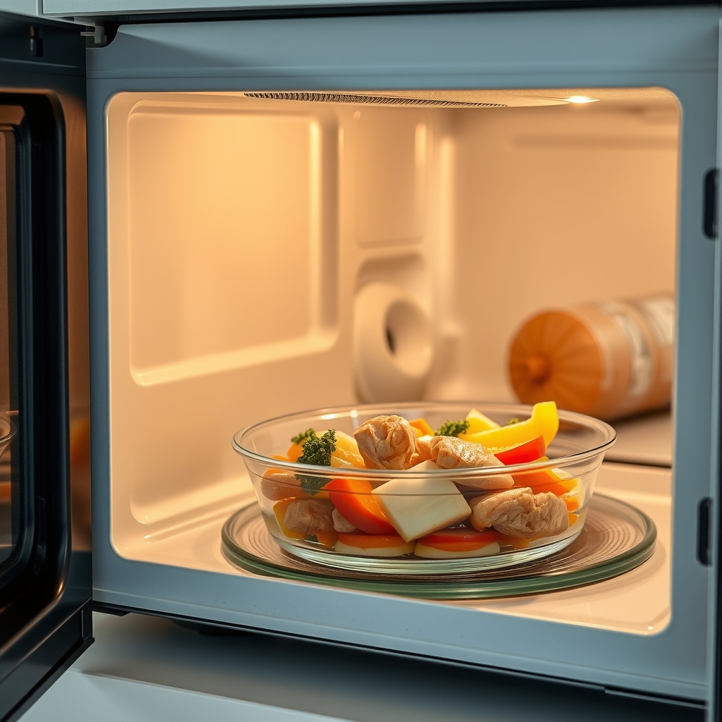 A warm, healthy meal in a clear glass container being carefully removed from a microwave, with steam rising from the food.