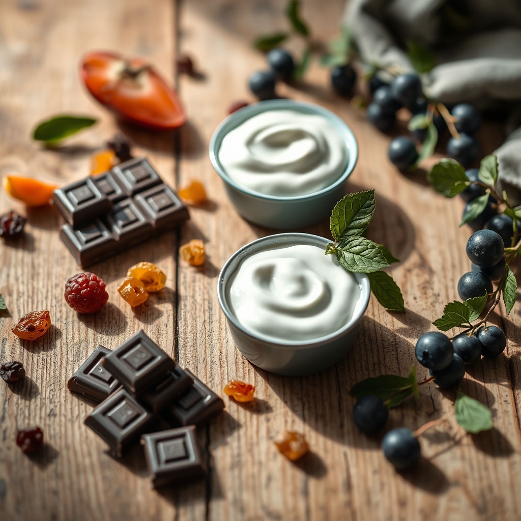 A selection of pregnancy‑friendly snack alternatives, including dark chocolate squares, fresh fruit, and yogurt‑covered raisins, arranged on a wooden board with soft daylight