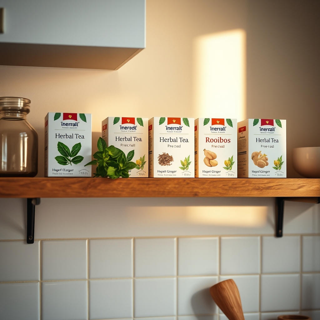A selection of pregnancy‑safe herbal teas on a pastel kitchen shelf, including mint, ginger, and rooibos, with a soft morning light