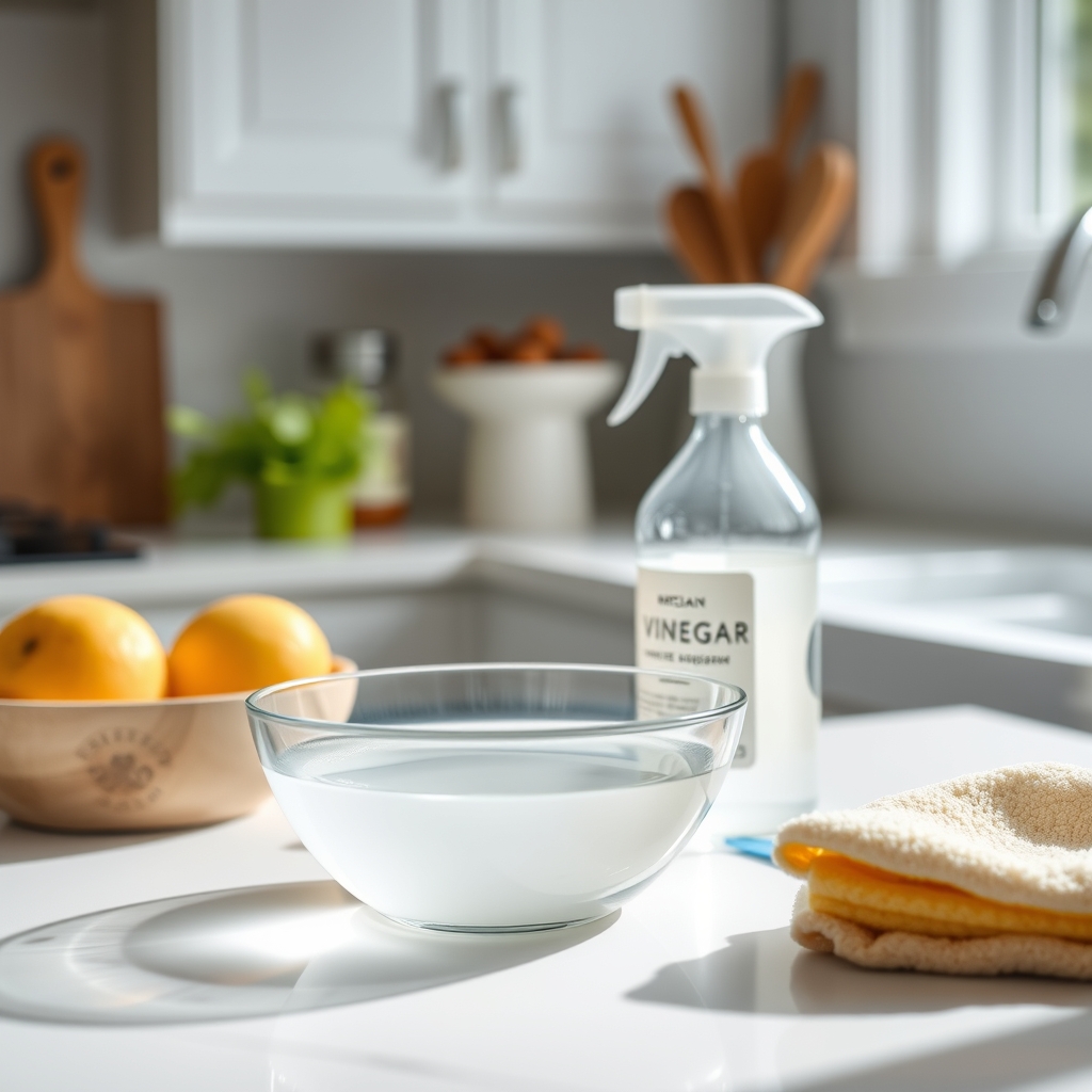 A white bowl of white vinegar mixed with water, next to a spray bottle, illustrating a natural mold‑removing solution.