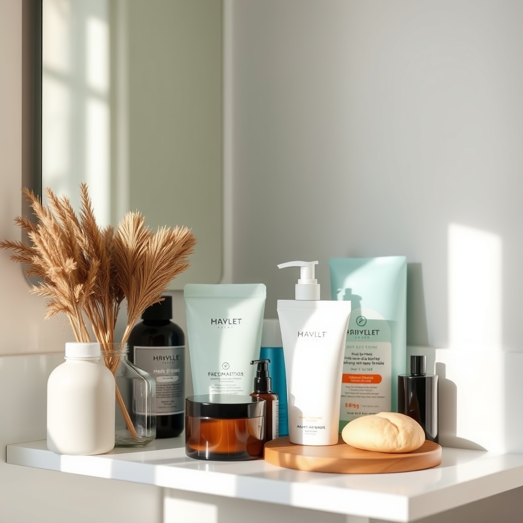 A tidy bathroom shelf displaying Monistat 3, a bottle of prenatal vitamins, and a glass of water, soft daylight creating a calm atmosphere