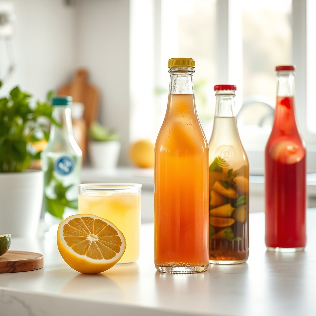 A selection of pregnancy‑friendly beverage alternatives on a kitchen counter, including coconut water, sparkling water, and a lemon slice