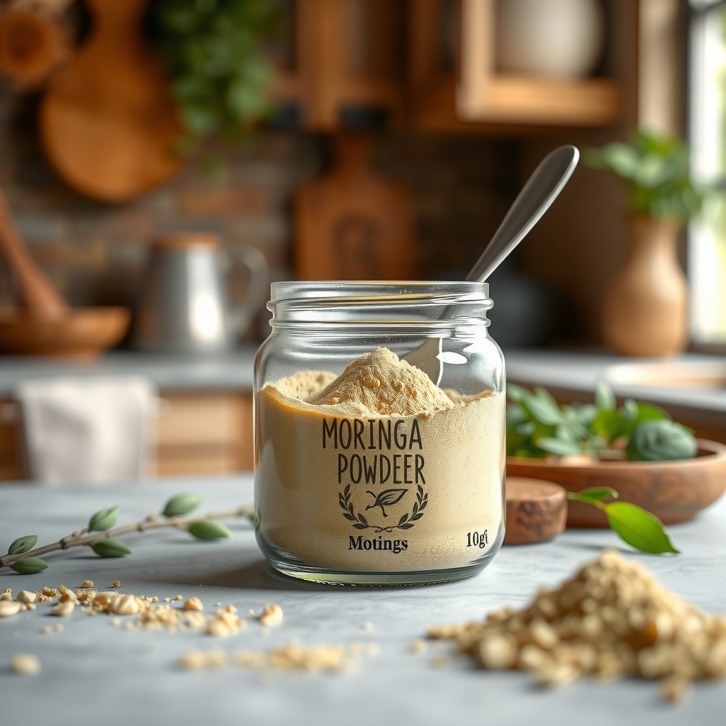 open jar of bright green moringa powder on a wooden cutting board beside a stainless steel spoon, natural daylight highlighting texture