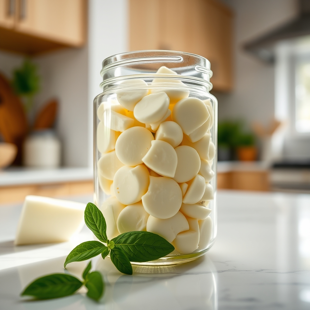 a glass jar of fresh mozzarella on a kitchen counter beside a small bowl of cherry tomatoes, highlighting the soft white cheese and its creamy texture, perfect for pregnancy-safe snacking