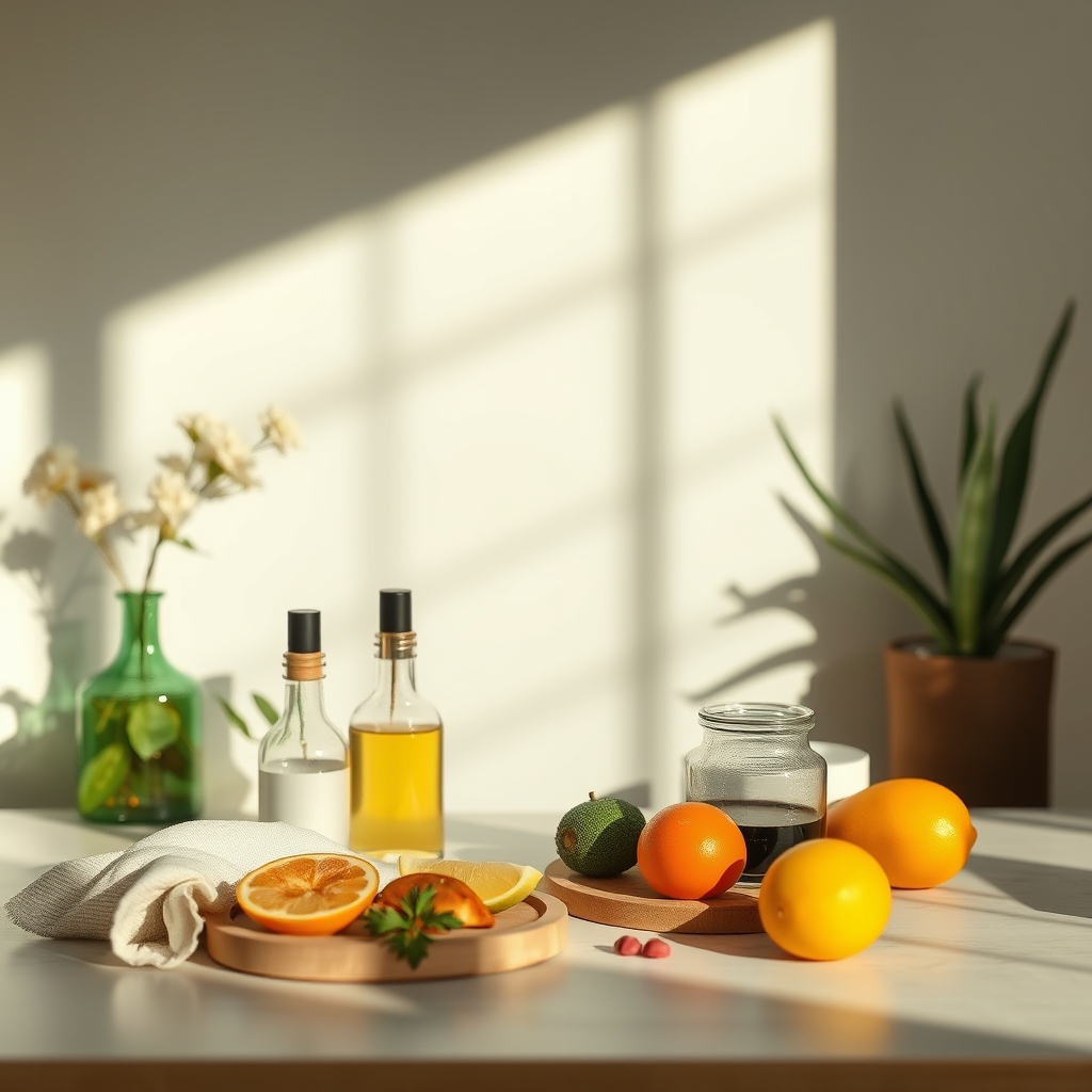 A selection of natural cough remedies: a jar of honey, a lemon, ginger root, a cup of herbal tea, and a saline nasal spray bottle, arranged on a light wooden surface