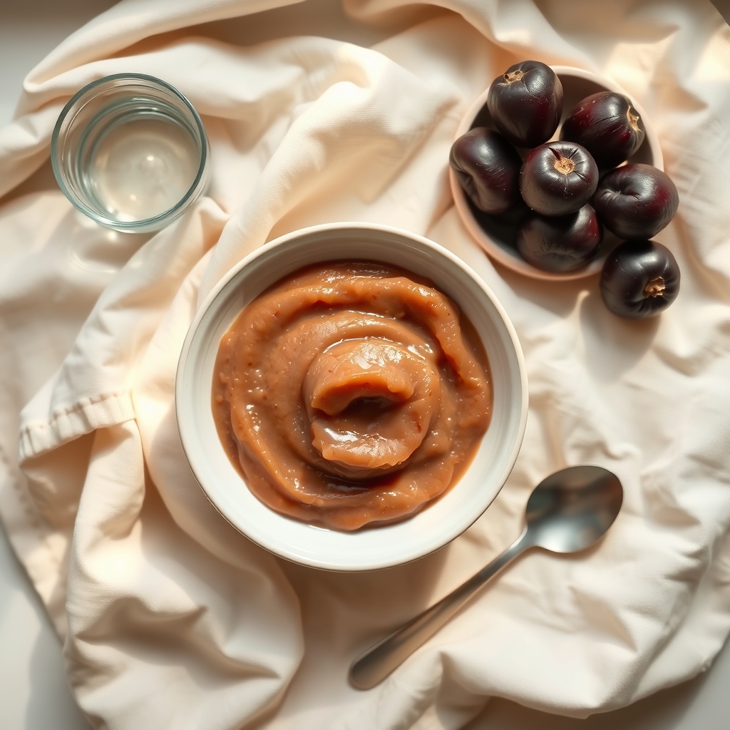 A pastel‑colored wooden board displaying a small bowl of pureed prunes, a cup of water, and a soft cloth, illuminated by gentle morning light, evoking a calm kitchen scene