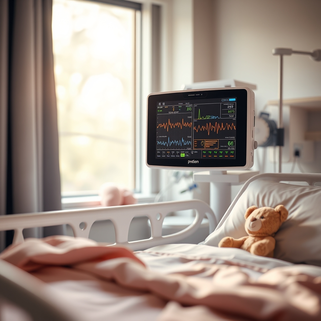 A pediatric hospital room with a bedside monitor, a soft blanket, a small teddy bear, and a gentle window light