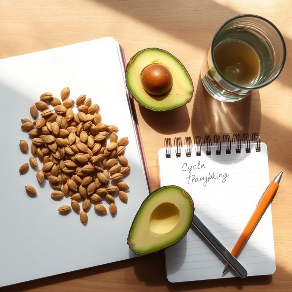 A rustic wooden board displaying a handful of pumpkin seeds, sliced avocado, and a glass of water beside a notebook with a menstrual tracking chart, warm natural light, photorealistic