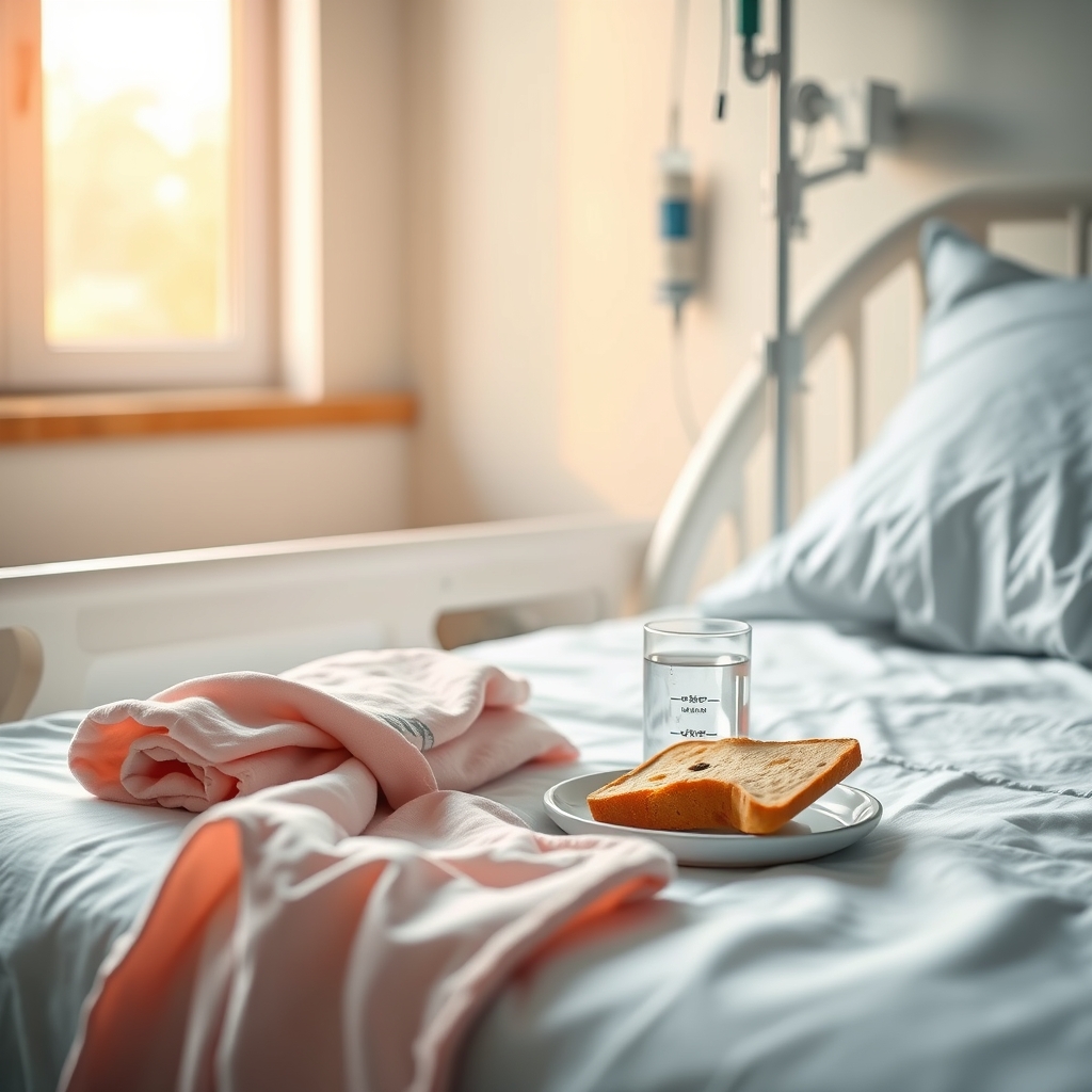 A calm hospital room with a bedside IV stand, a glass of water, and a soft blanket, illustrating the supportive care environment for severe morning sickness