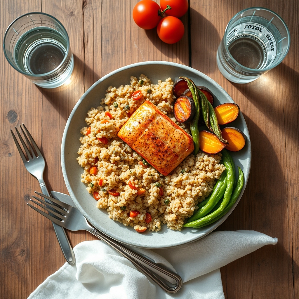 Colorful plate of grilled salmon, quinoa, roasted vegetables, and a glass of water, bright natural light, wooden table