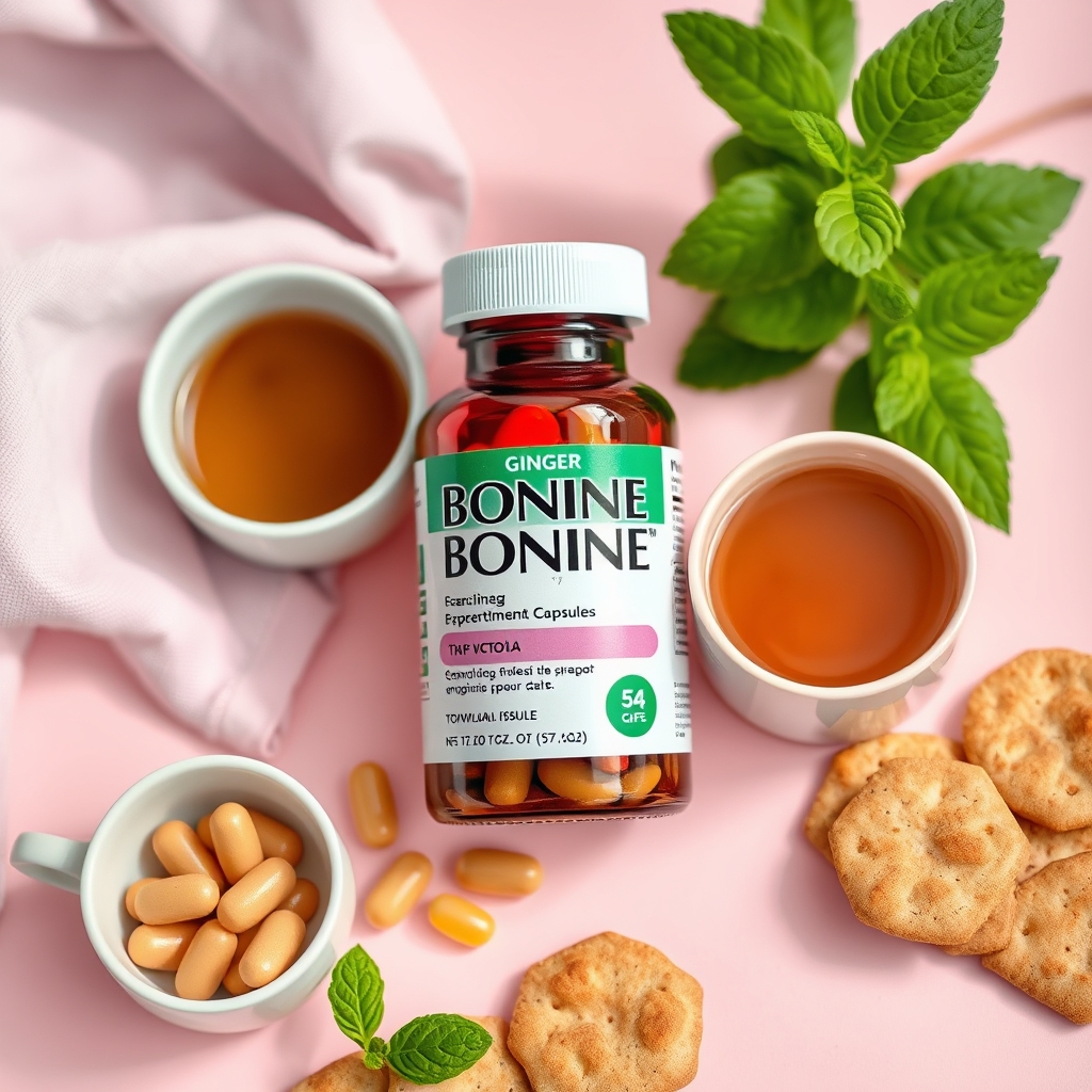 a flat lay of ginger capsules, a bottle of Bonine, a cup of peppermint tea, and a small plate of bland crackers, arranged on a soft pastel background