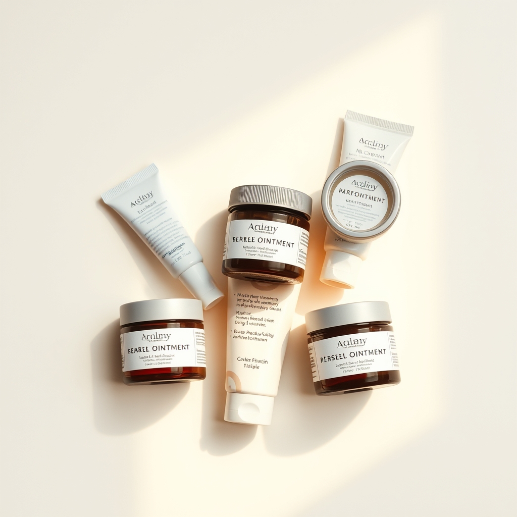 a collection of pregnancy‑safe skin ointments on a wooden countertop, including Aquaphor, Burt's Bees, and a tube of Neosporin, soft natural lighting