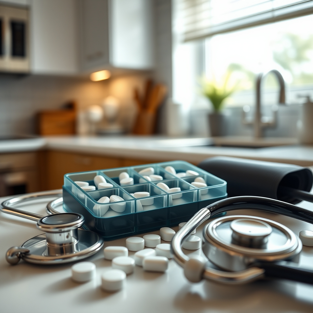 a pill organizer with extended-release nifedipine tablets labeled for morning and evening doses, a stethoscope and a blood pressure cuff beside it, bright kitchen lighting