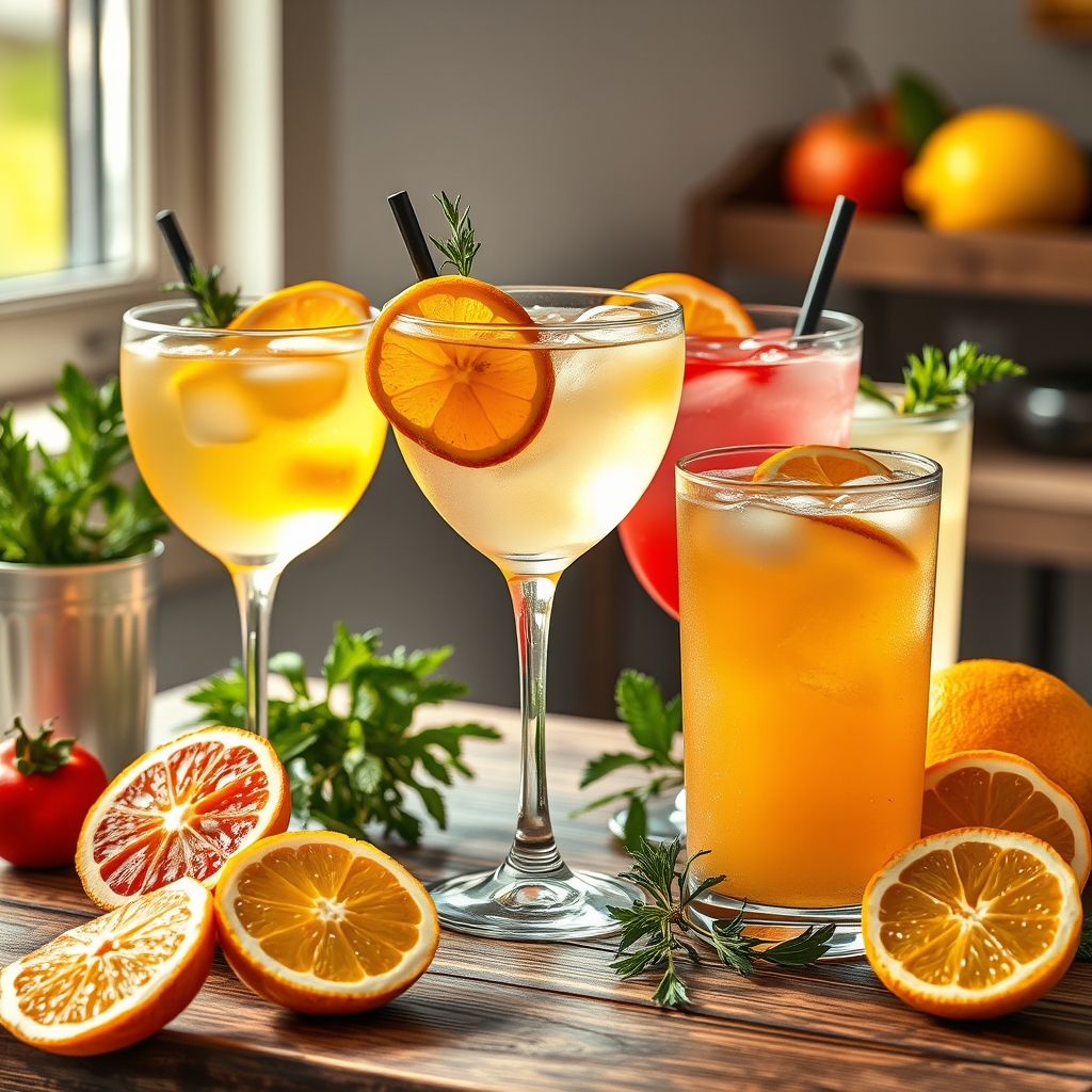 selection of non‑alcoholic mocktails in clear glasses, each garnished with citrus twists, herbs, and colorful fruit, presented on a wooden tabletop to illustrate safe cocktail alternatives for pregnancy