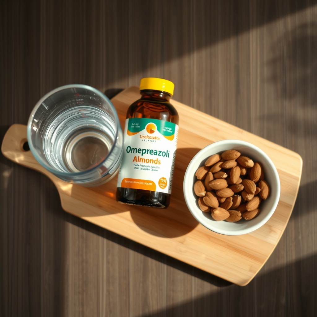 Close‑up of a wooden board with a glass of water, a bottle of omeprazole, and a small bowl of almonds, soft natural light, inviting kitchen scene