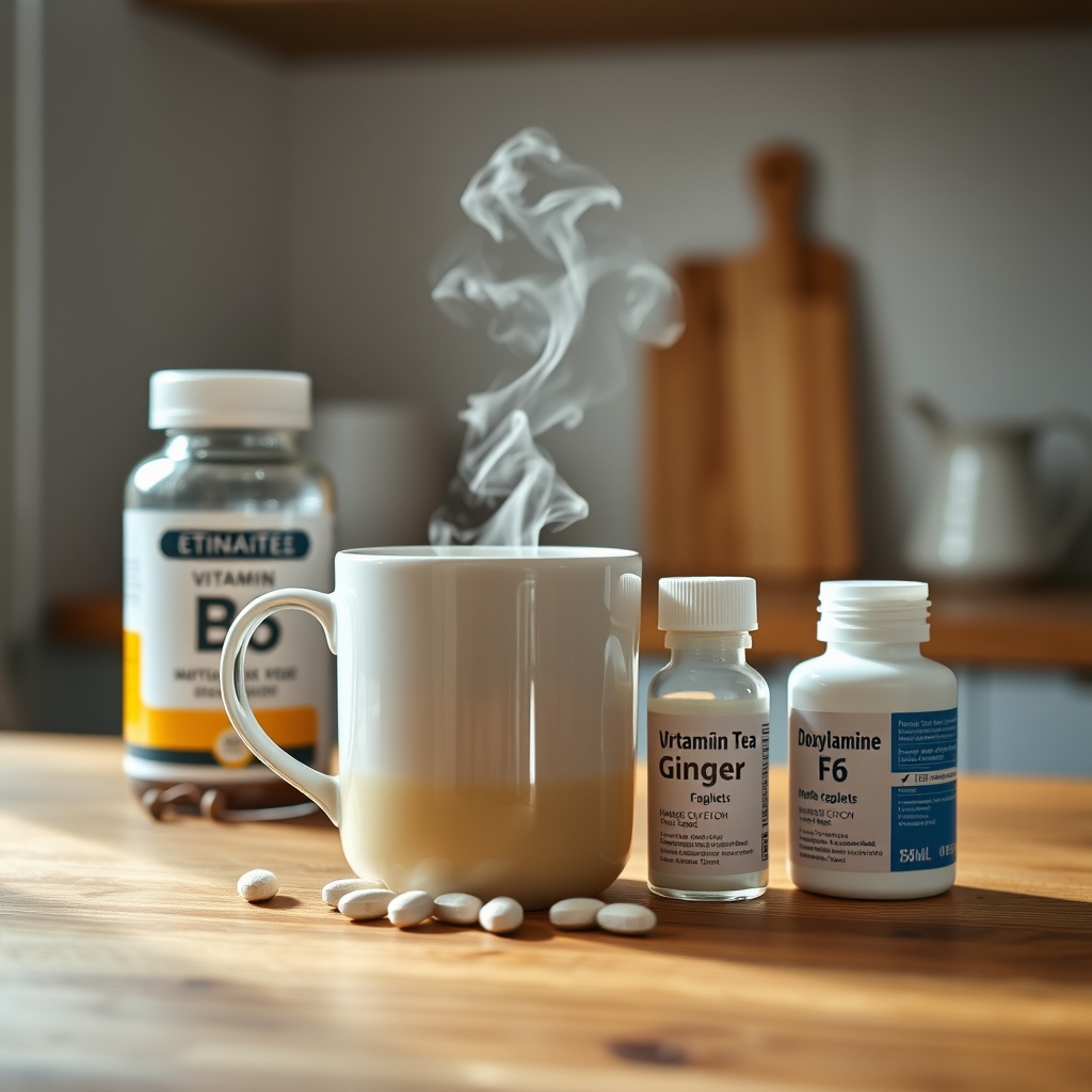 a selection of ginger tea, vitamin B6 tablets, and a doxylamine bottle on a kitchen counter, soft natural light, clean composition