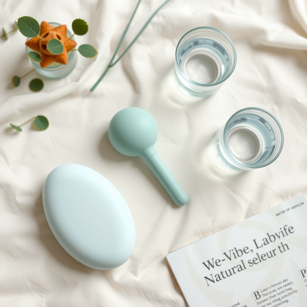 A pregnancy-safe sex toy placed beside a book titled 'Natural Labor Methods' and a glass of water, all arranged on a soft linen background with soft focus