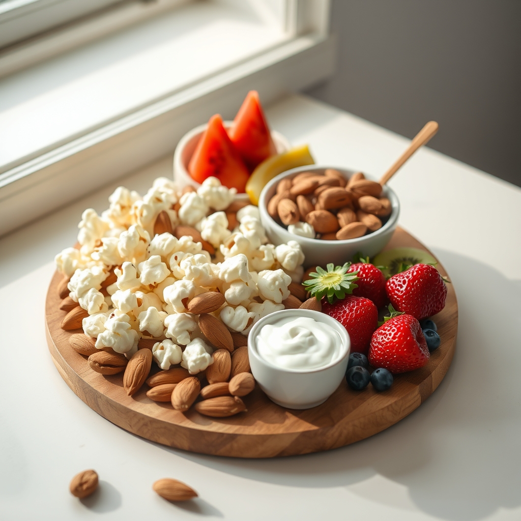 a selection of pregnancy‑friendly snacks including plain popcorn, almonds, fresh fruit, and Greek yogurt arranged on a wooden board, bright natural light