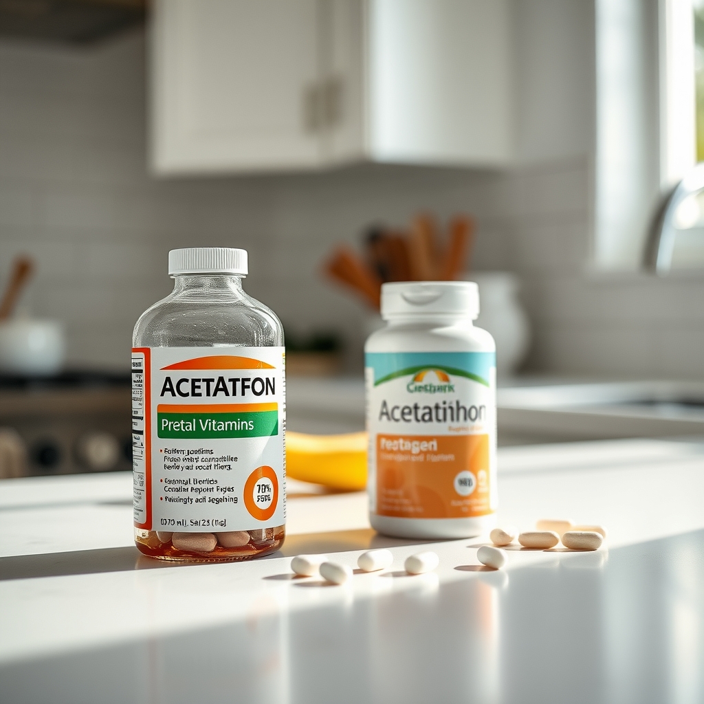 a close‑up of a bottle of acetaminophen tablets next to a prenatal vitamin bottle on a kitchen counter, illustrating safe medication options for pregnancy