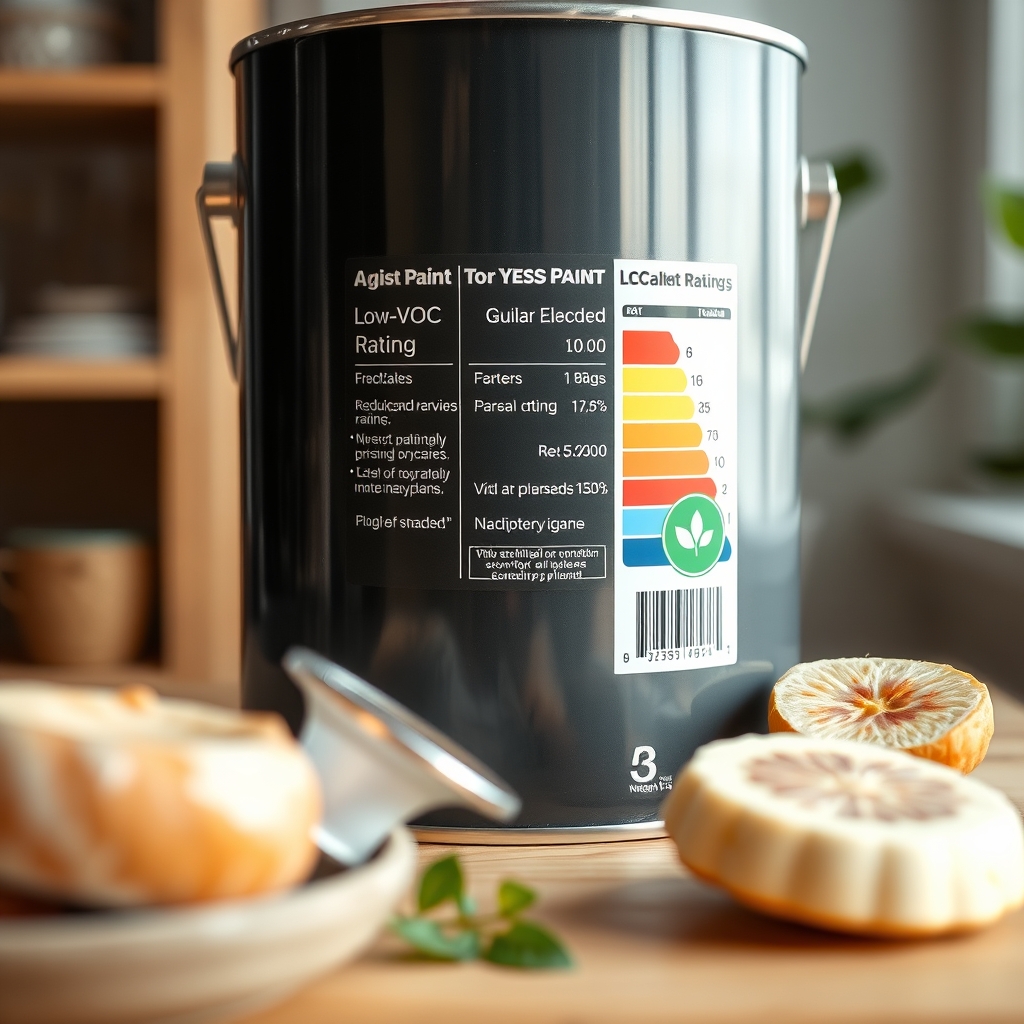close‑up of a paint can label showing low‑VOC rating, with a green leaf icon indicating environmentally friendly formulation