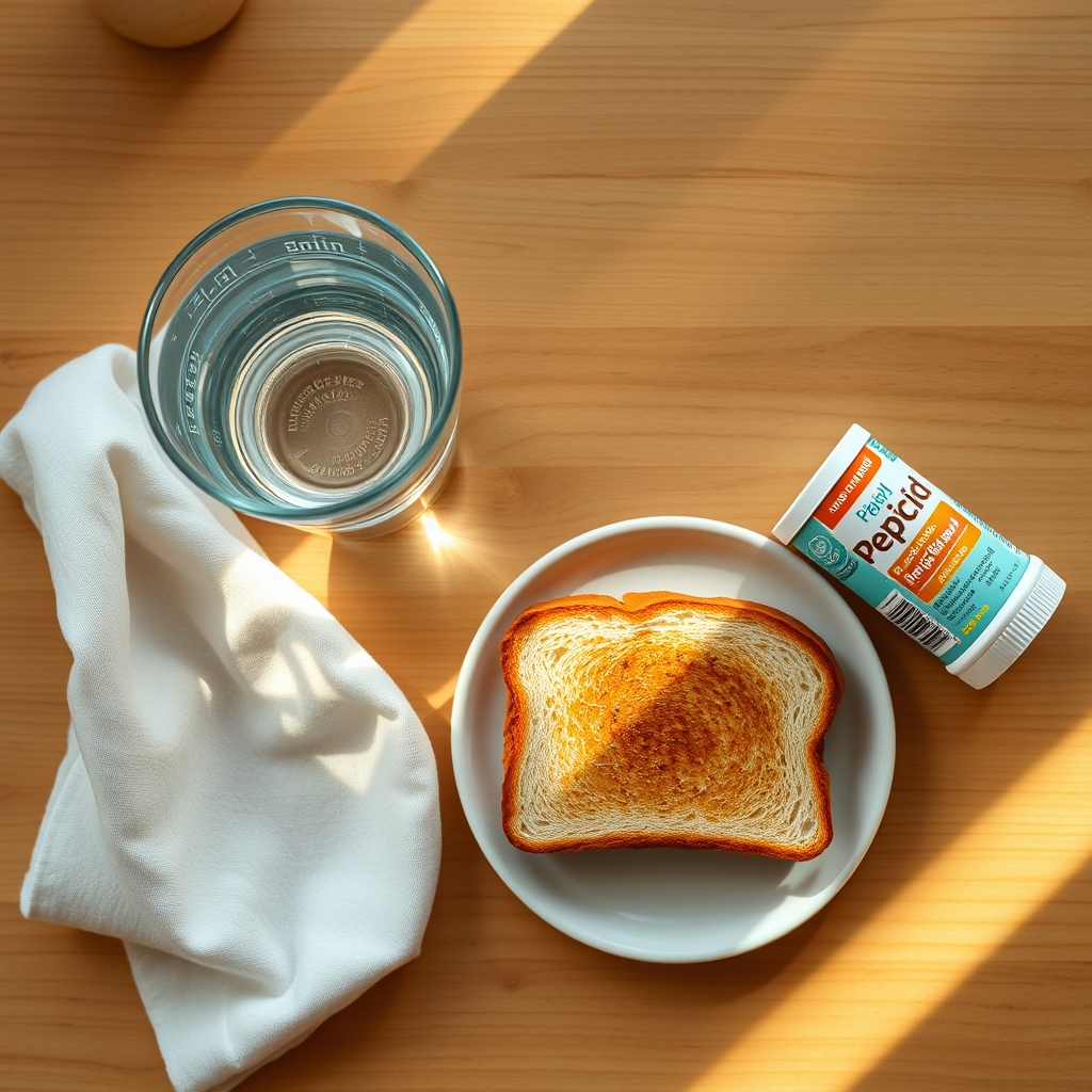 A bright kitchen scene with a glass of water, a slice of toast, and a bottle of Pepcid on a wooden countertop, morning light highlighting the items