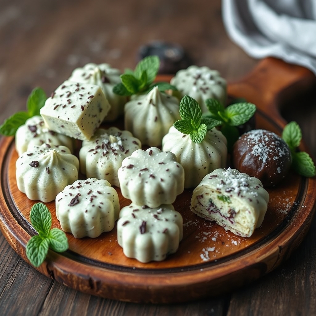 assorted mint‑flavored candies displayed on a wooden board, including dark chocolate squares, peppermint tea bags, and a small bowl of fresh mint leaves, soft daylight highlighting textures