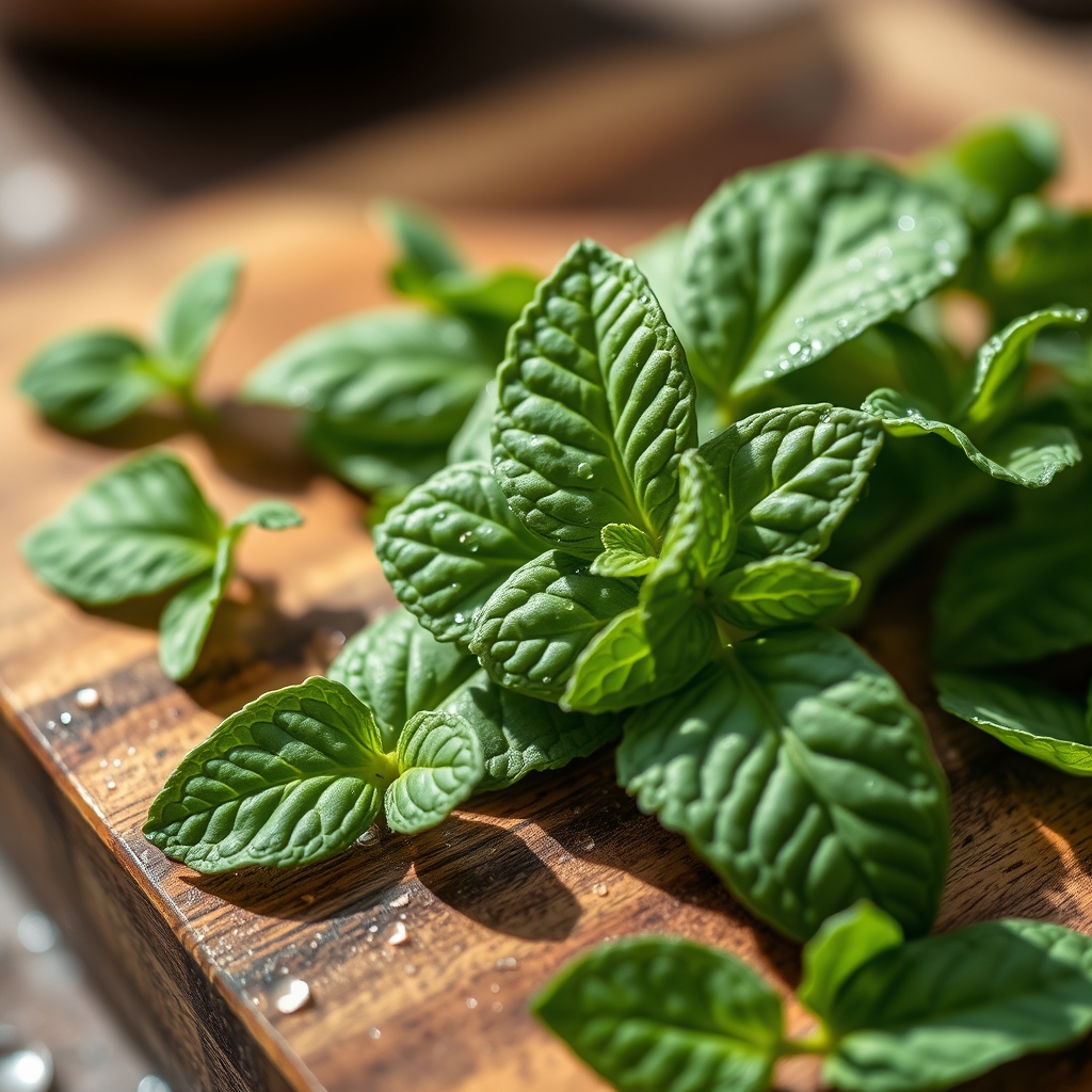 Close‑up of fresh peppermint leaves on a wooden cutting board, dew droplets glistening, bright natural light
