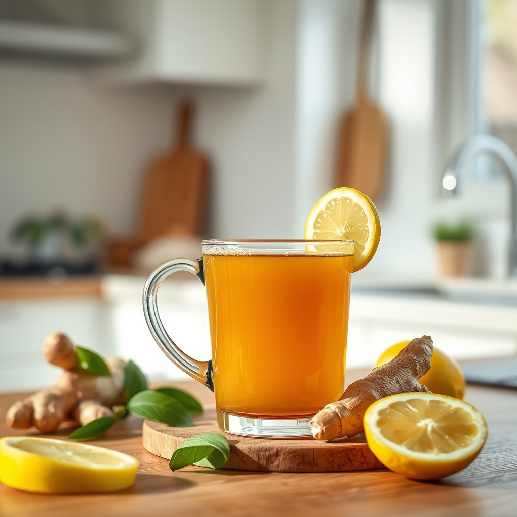 A steaming mug of ginger tea on a kitchen counter, bright morning light, surrounded by fresh ginger root and a slice of lemon, illustrating a natural pregnancy‑safe remedy