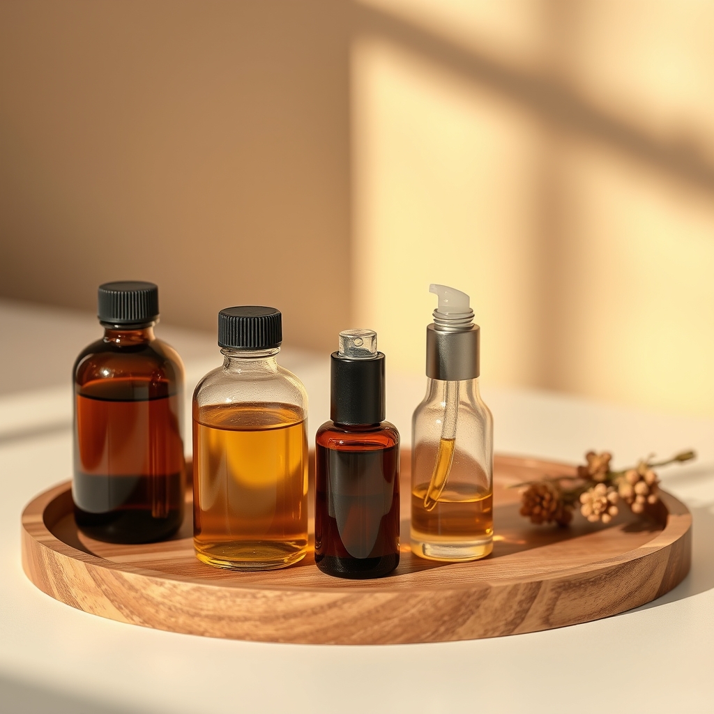 A collection of natural essential oils and a small roll‑on bottle on a wooden tray, soft diffused light creating a calming atmosphere