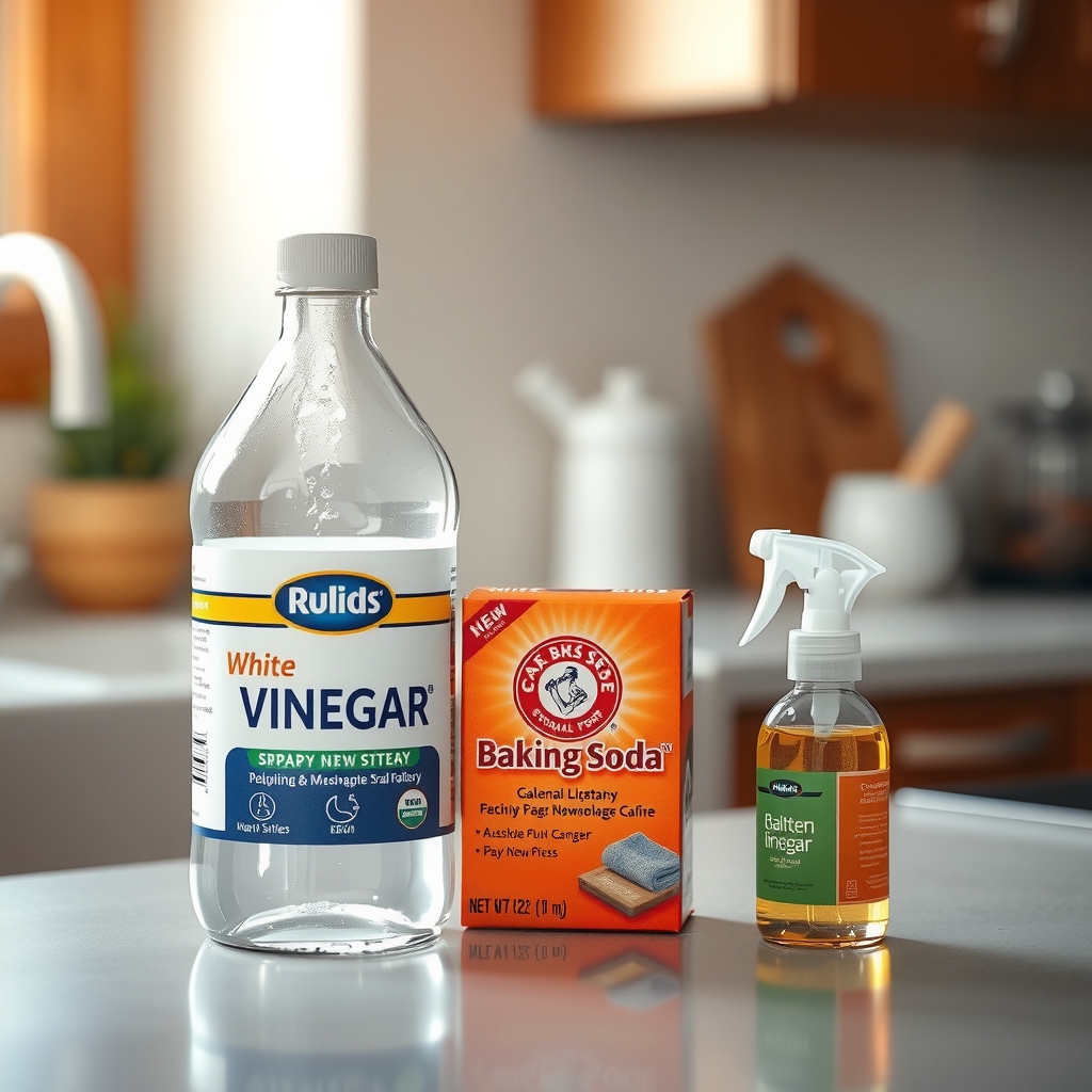 A clean kitchen counter with a bottle of vinegar, baking soda, and a spray bottle of essential oils, symbolizing DIY cleaning alternatives