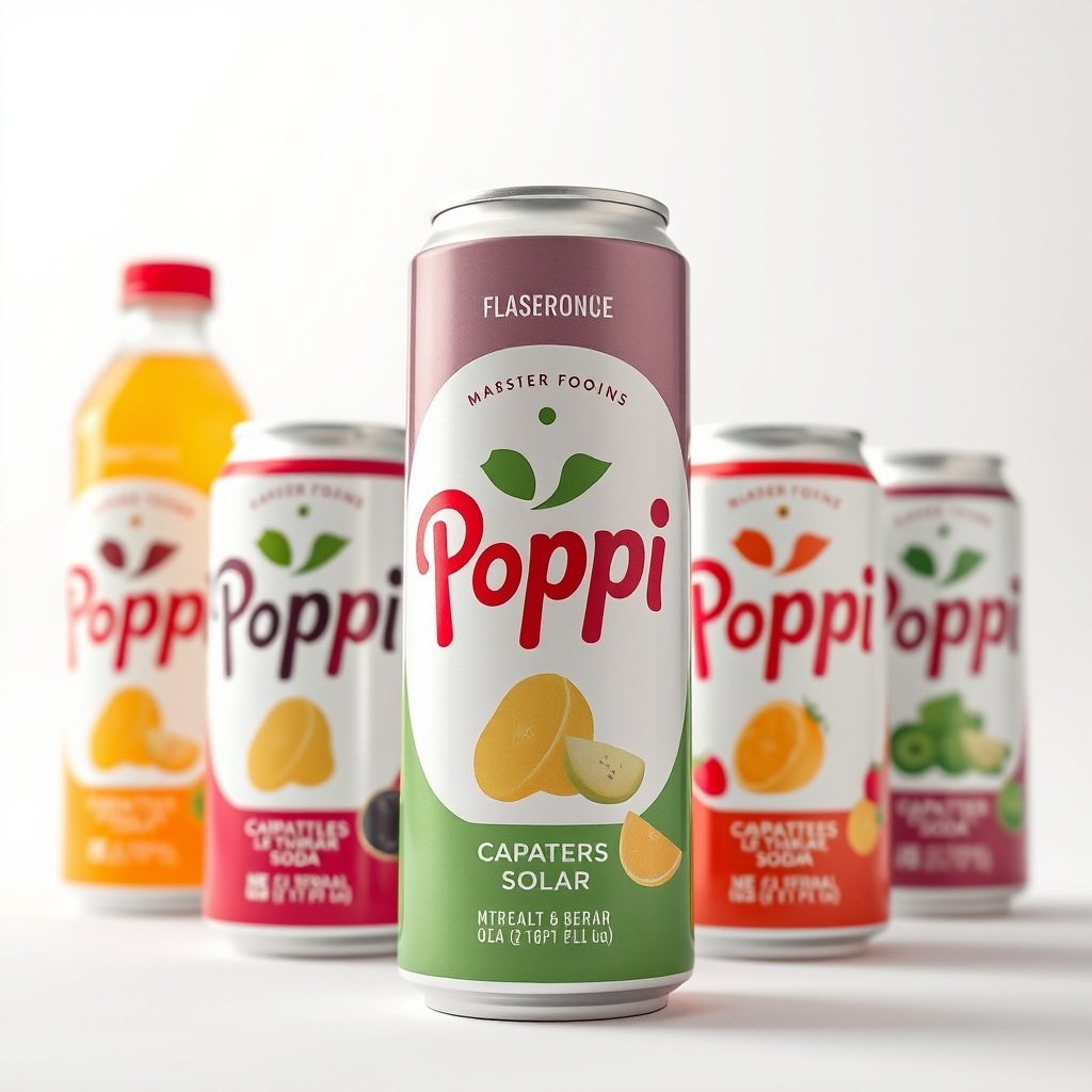 A collection of Poppi soda cans in various flavors arranged on a white surface, highlighting the colorful labels and probiotic branding