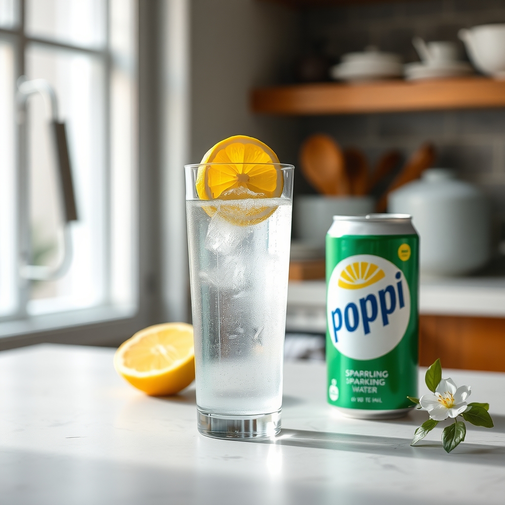 A glass of sparkling water with a slice of lemon beside a closed Poppi soda can, illustrating a low‑sugar alternative to soda during pregnancy