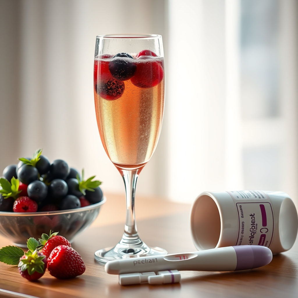 a glass of non-alcoholic sparkling grape juice with fresh berries on the rim, placed beside a pregnancy test and a prenatal vitamin bottle, bright natural light emphasizing a healthy, celebratory moment without alcohol
